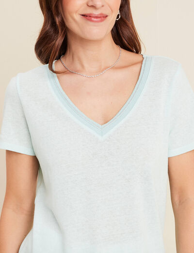 T-shirt manches courtes col en V bleu turquoise femme
