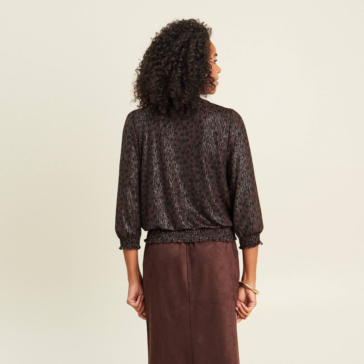T-shirt col rond manches 3/4 marron fonc&eacute; femme