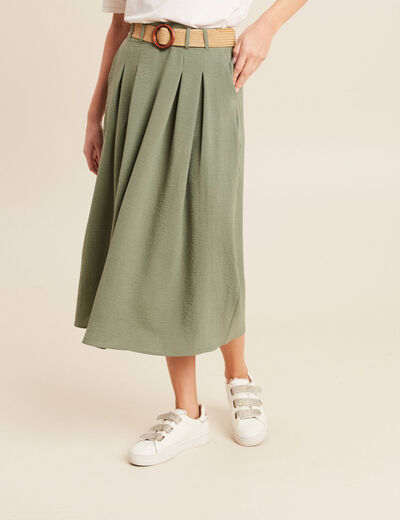 Jupe longue évasée ceinturée vert kaki femme