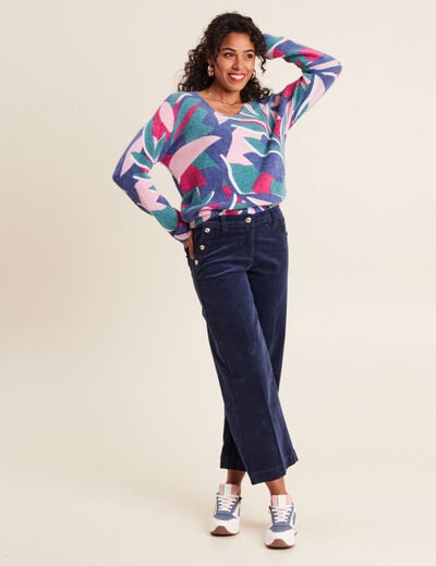 Pantalon large velours c&ocirc;tel&eacute; bleu marine femme
