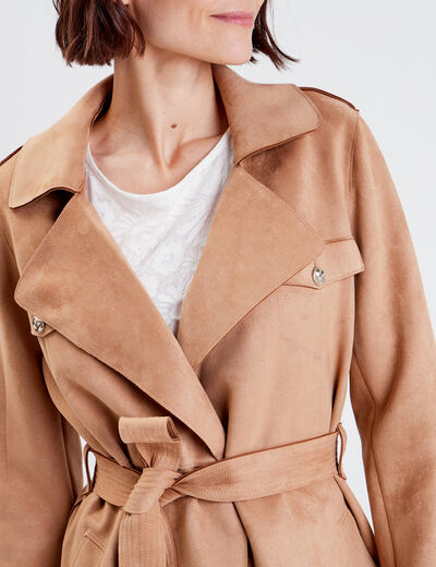 Trench droit effet suédine marron femme