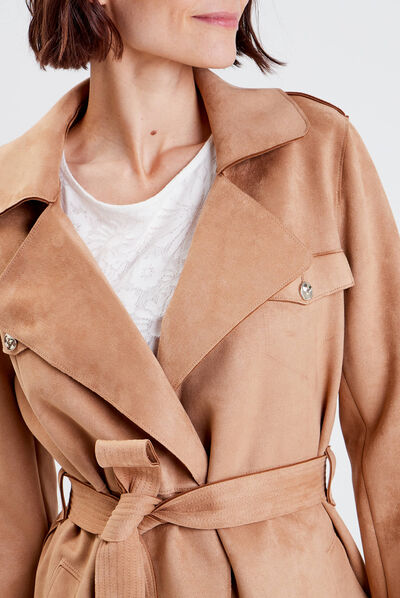 Trench droit effet suédine marron femme