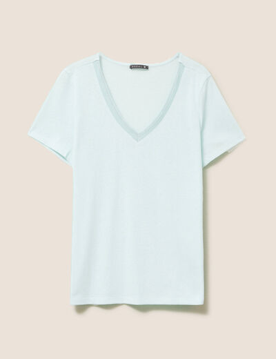 T-shirt manches courtes col en V bleu turquoise femme