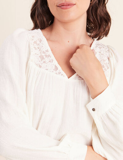 Chemise ample col v manches longues ecru femme