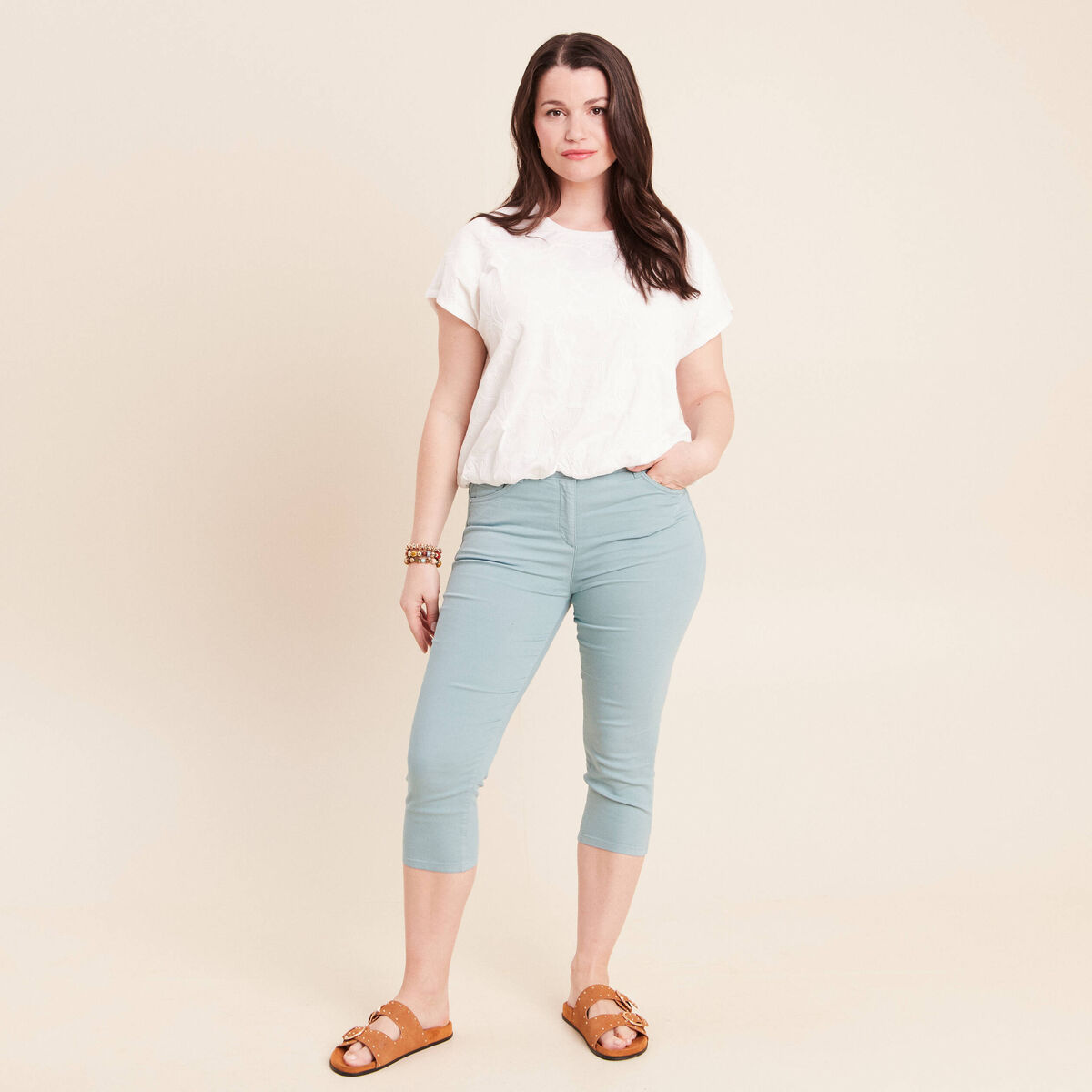 T-shirt col rond manches courtes doubl&eacute;e ecru femme