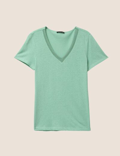 T-shirt manches courtes col en V vert clair femme