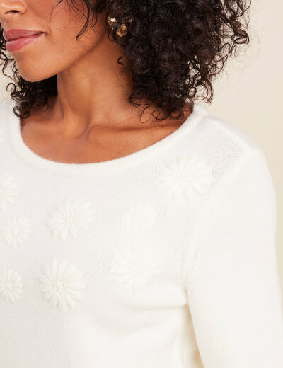 Pull brod&eacute; col rond manches longues ecru femme