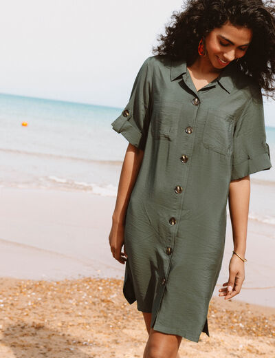 Robe droite courte col chemise vert kaki femme