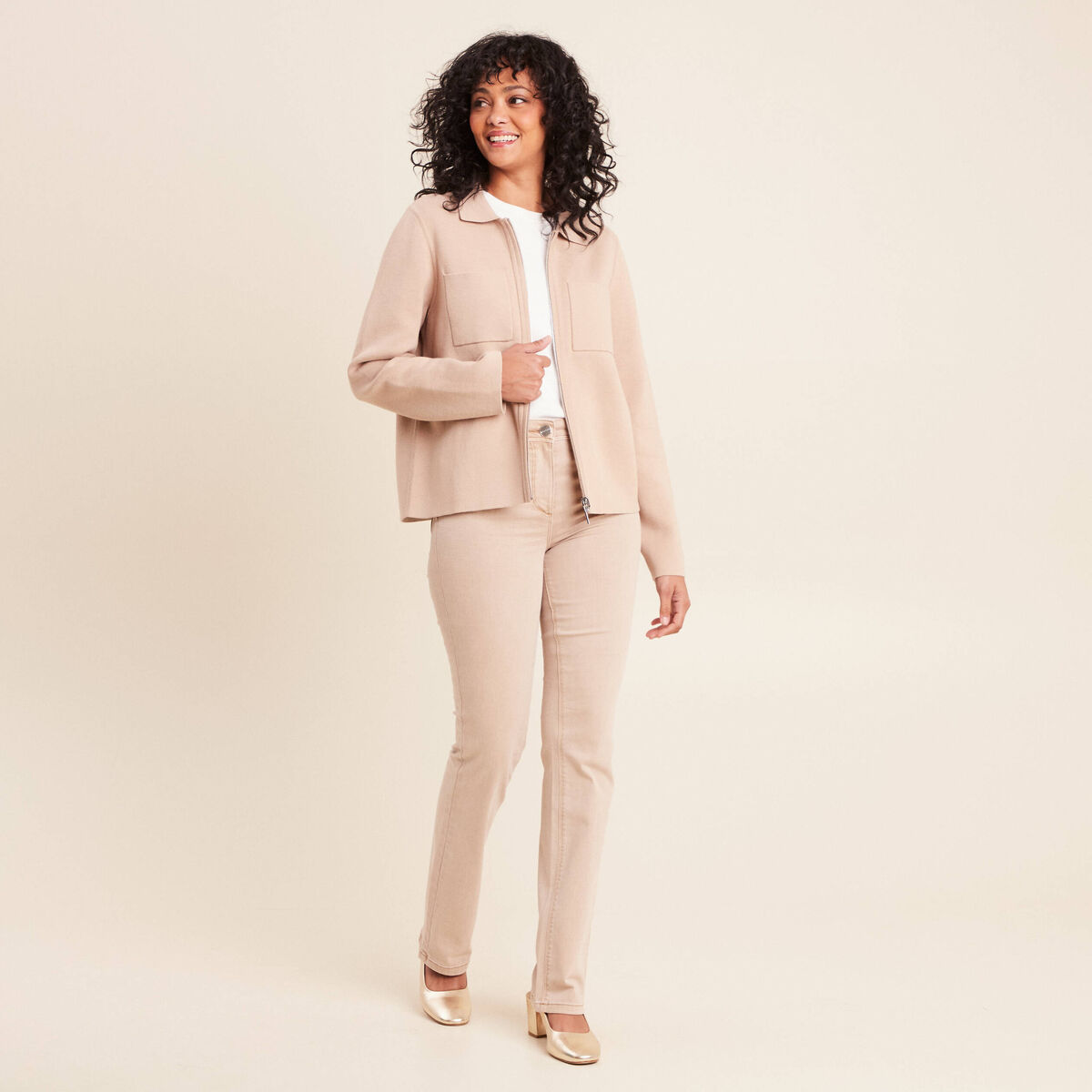 Gilet r&eacute;versible manches longues beige femme