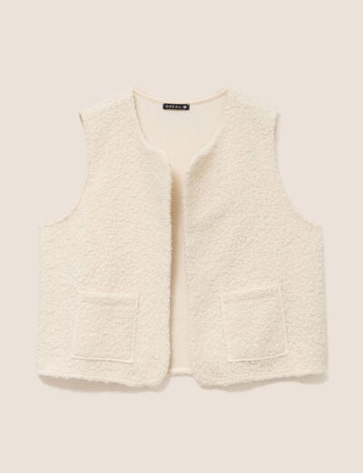 Gilet sans manches bouclette poches ecru femme