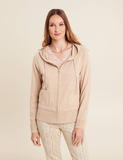 Gilet droit mi-long à capuche creme femme