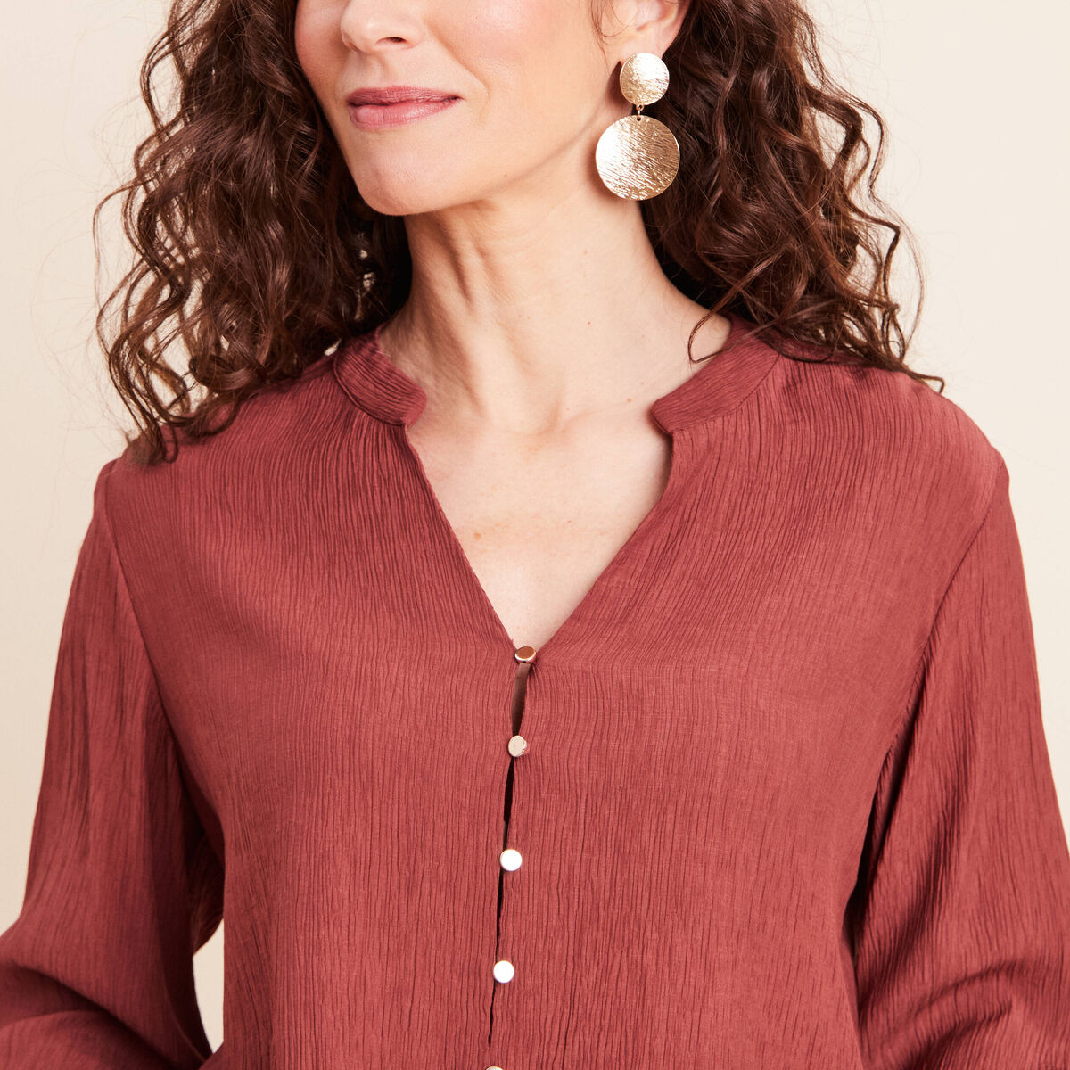 Blouse col v manches 3/4 fluide marron cognac femme