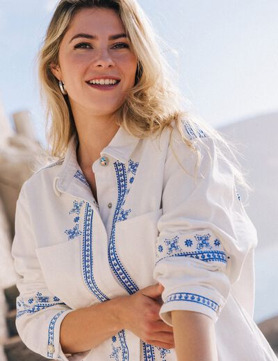 Surchemise brodée en jean blanc femme