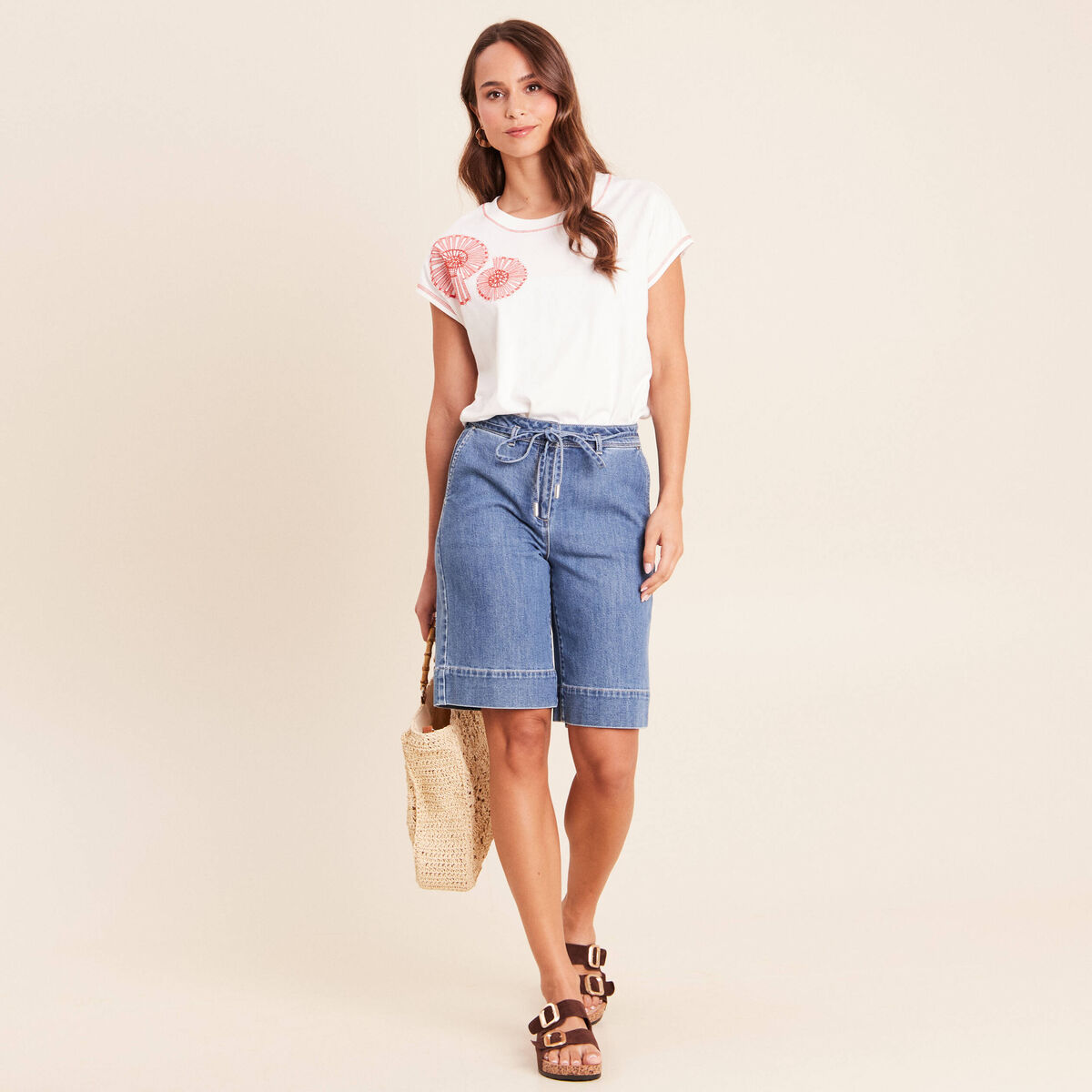 T-shirt col rond manches courtes ecru femme