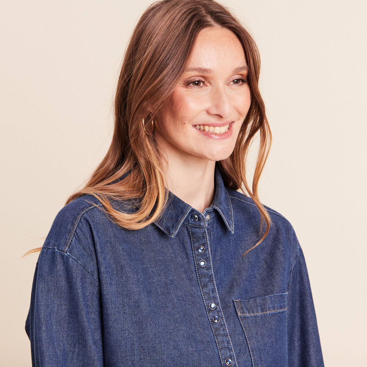 Chemise ample en coton manches longues denim brut femme