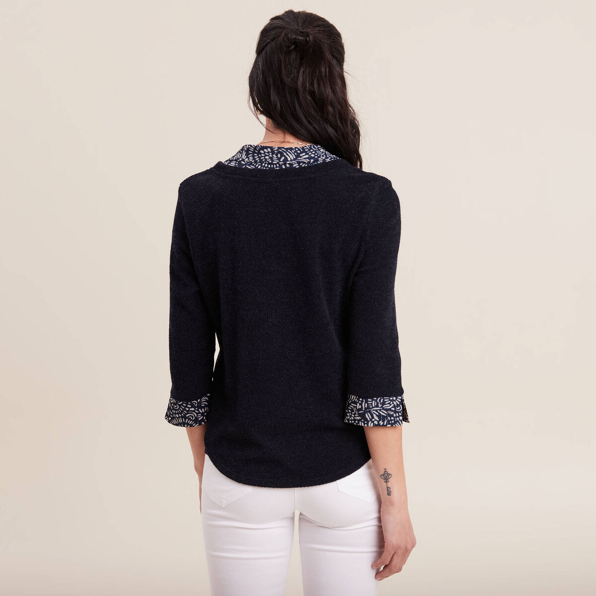 T-shirt manches 3/4 2-en-1 bleu marine femme