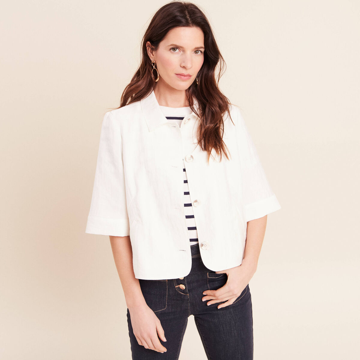 Veste droite courte manches 3/4 ecru femme