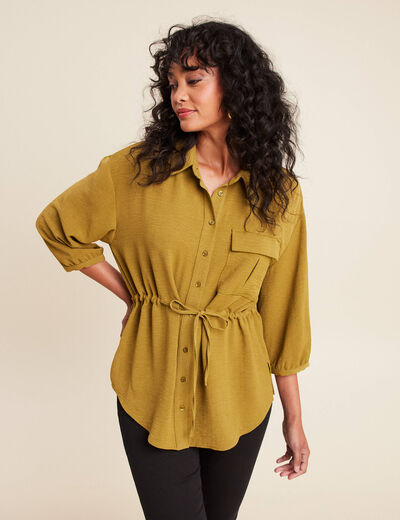 chemise droite longue manches longues vert kaki femme