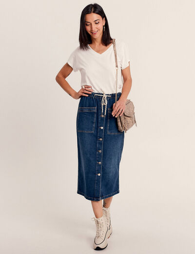 Jupe longue droite en jean denim stone femme