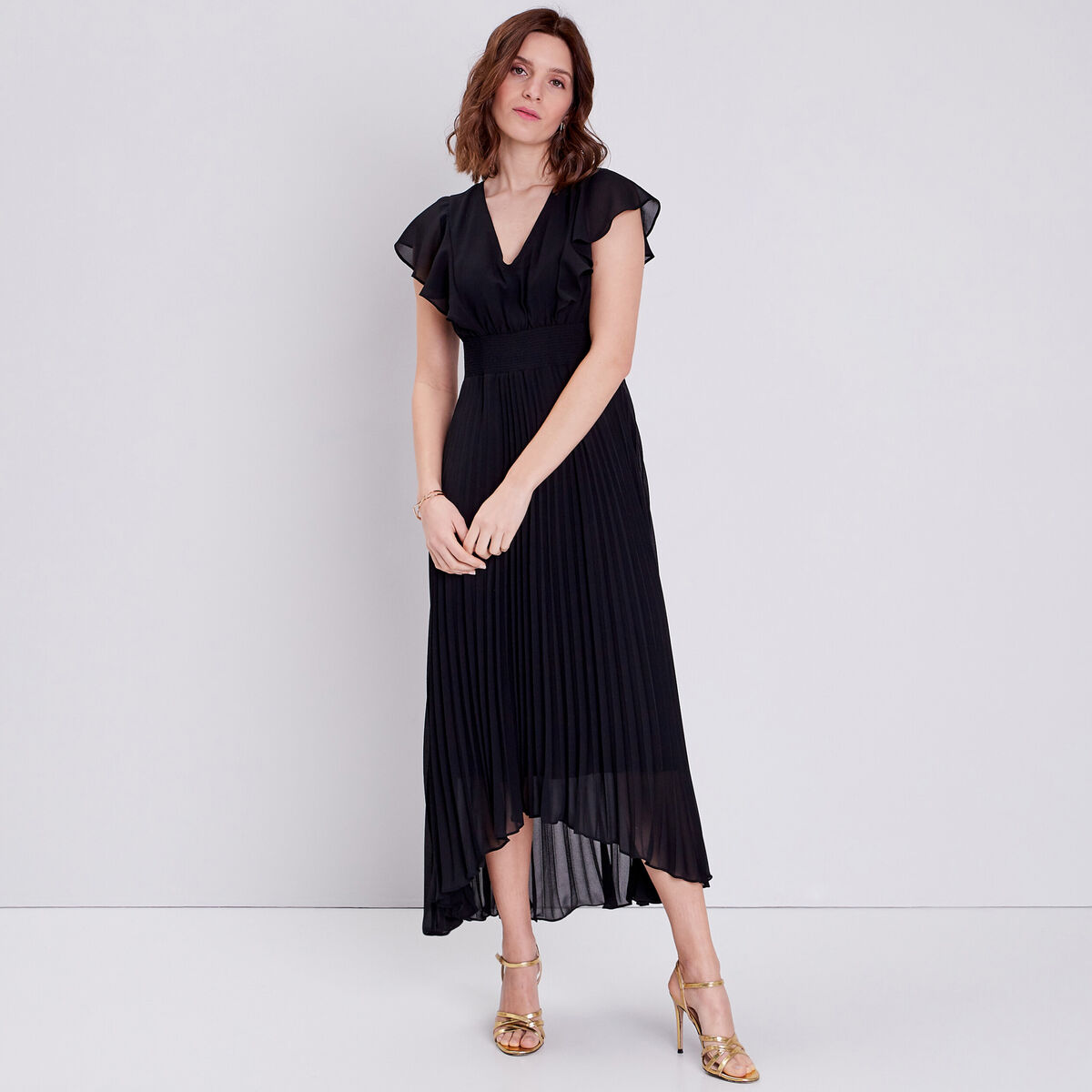 Robe longue &eacute;vas&eacute;e &agrave; volants noir femme