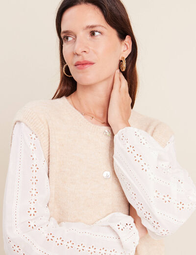 Gilet bi-mati&egrave;re col rond ivoire femme