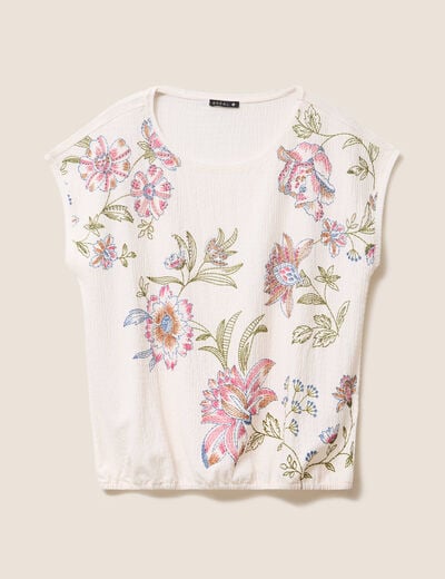 Blouse pliss&eacute;e col rond manches courtes ecru femme