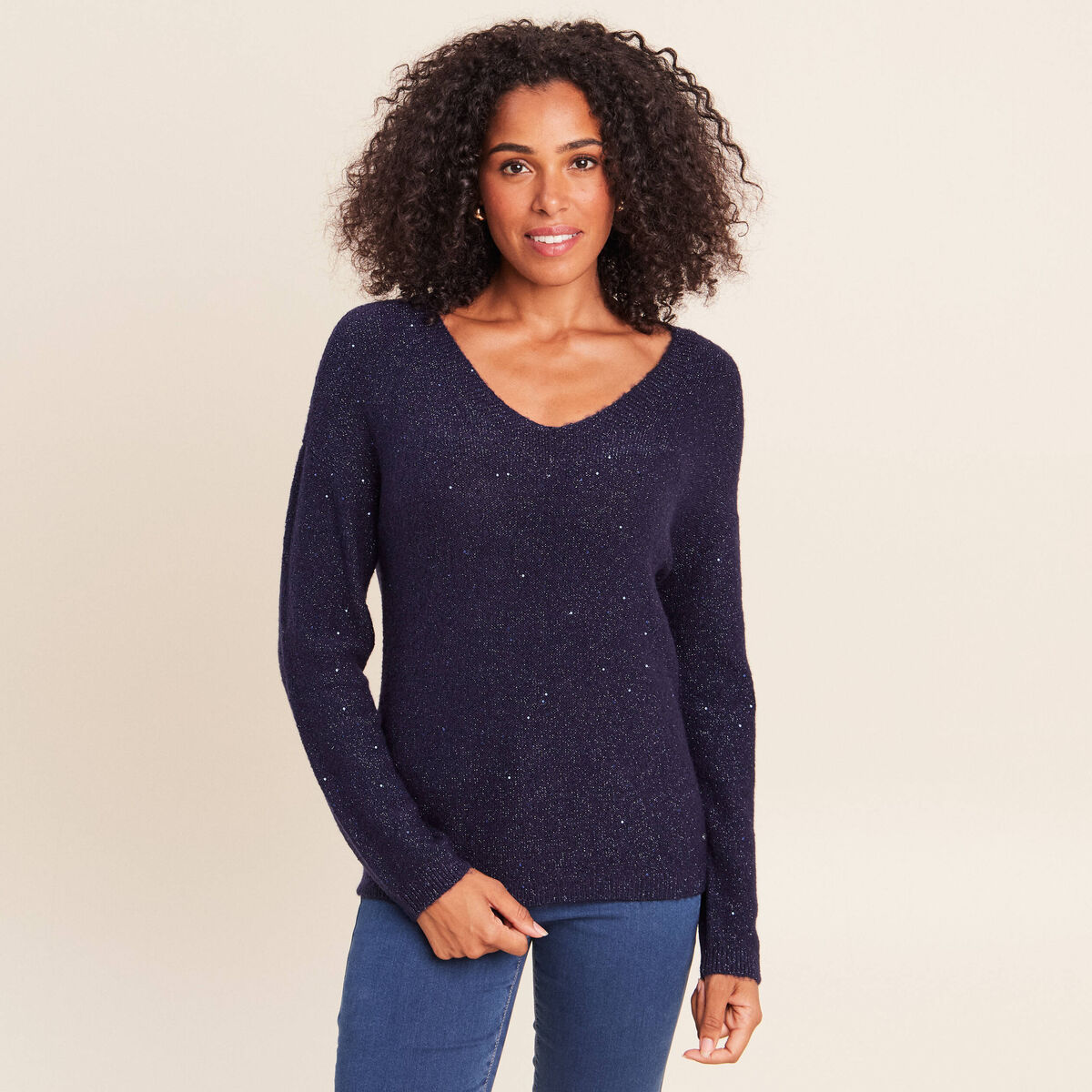 Pull col v manches longues &agrave; sequins bleu marine femme