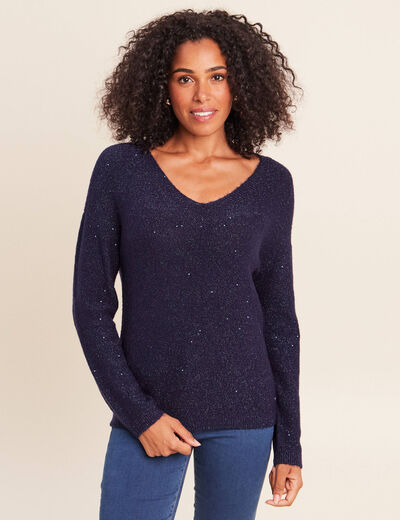 Pull col v manches longues &agrave; sequins bleu marine femme