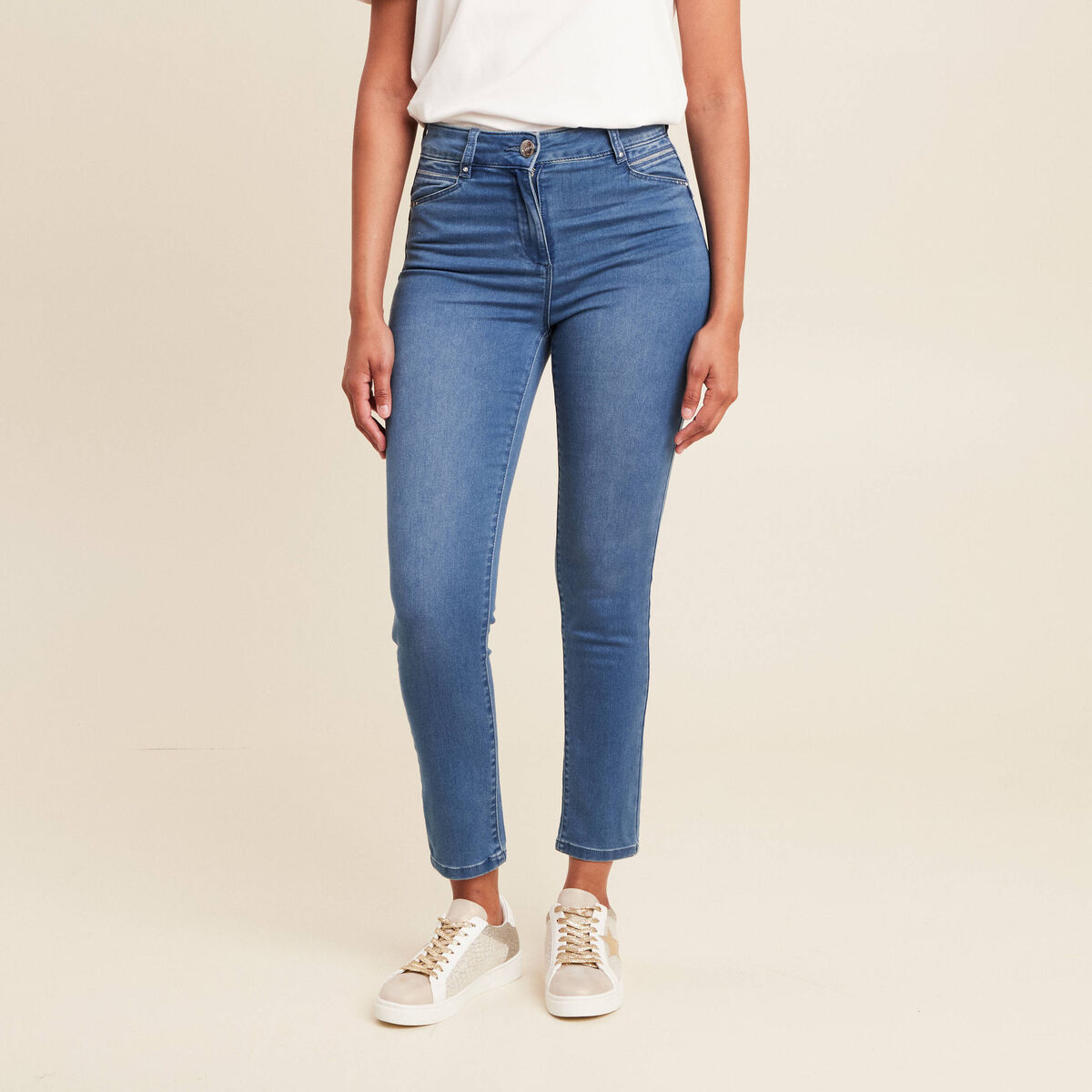 Jean ajusté taille haute denim double stone femme