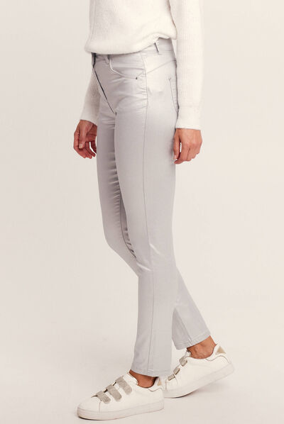 Pantalon ajusté enduit gris argent femme
