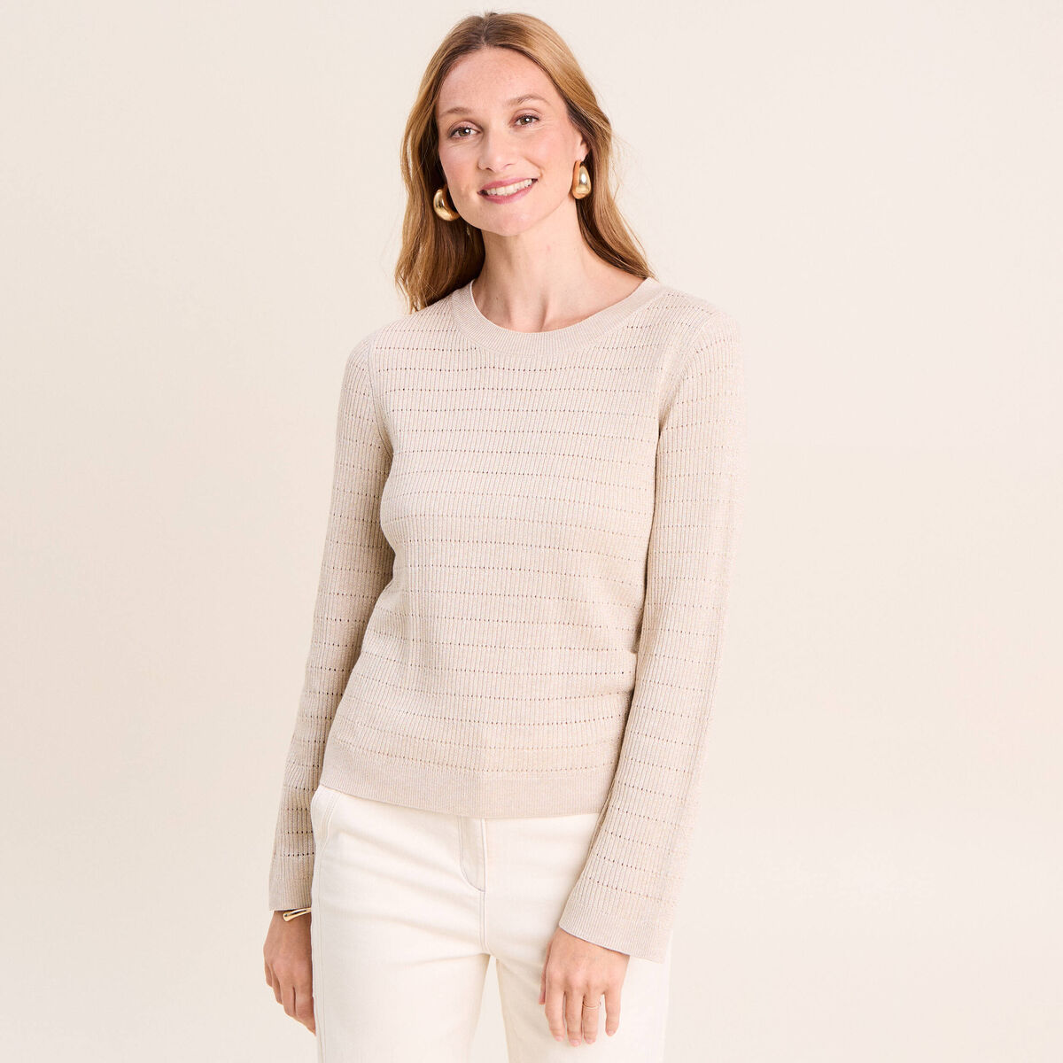 Pull manches longues col rond brillant couleur or femme