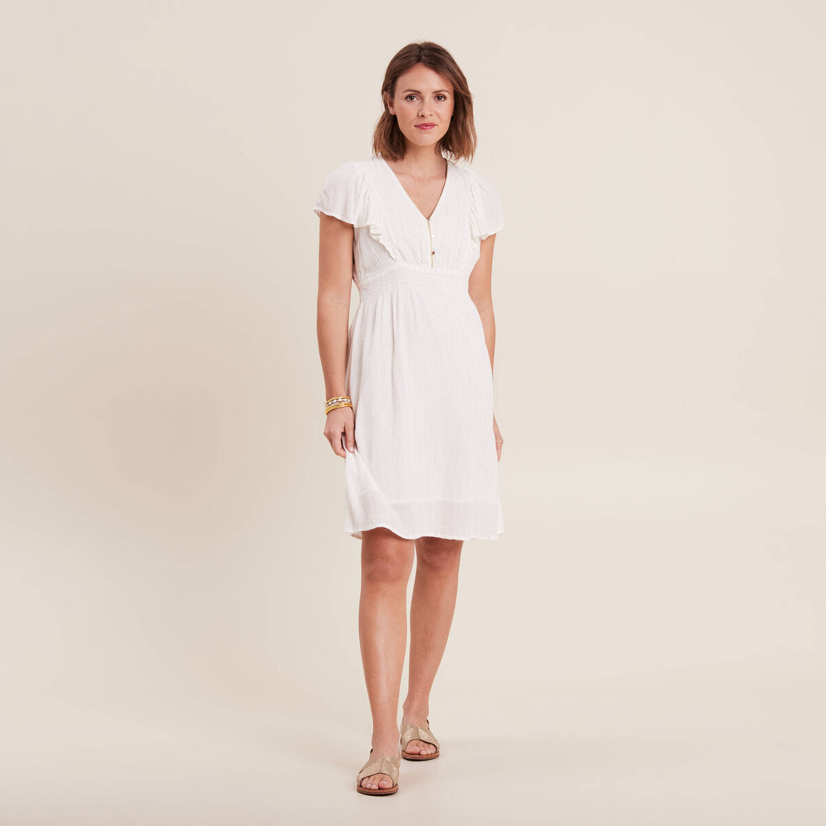 Robe droite fluide smockée ecru femme