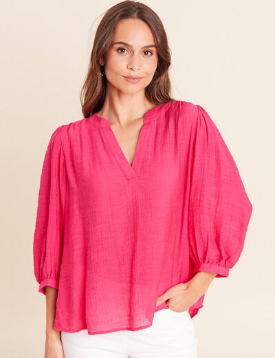Blouse ample col tunisien manches 3/4 rose fushia femme