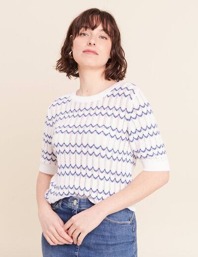 Pull col rond manches courtes bleu femme