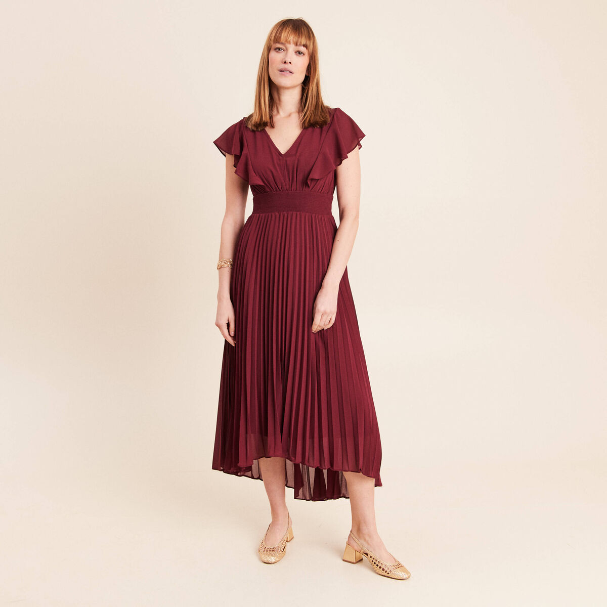 Robe longue &eacute;vas&eacute;e &agrave; volants prune femme