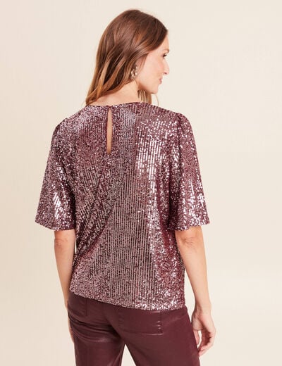 T-shirt &agrave; sequins manches coudes bordeaux femme