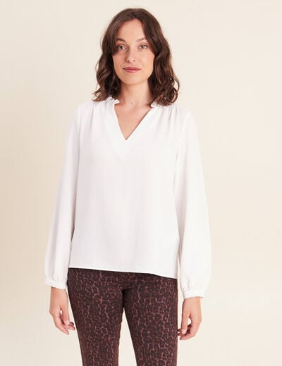 Blouse col v manches longues fluide ecru femme
