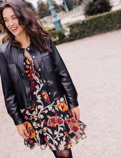 Blouson cintré simili cuir noir femme