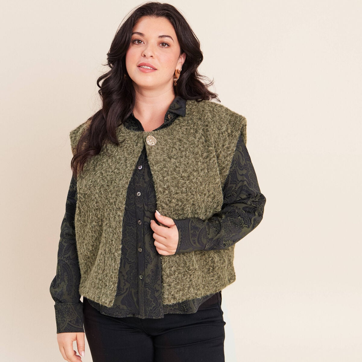 Gilet ample sans manches vert kaki femme