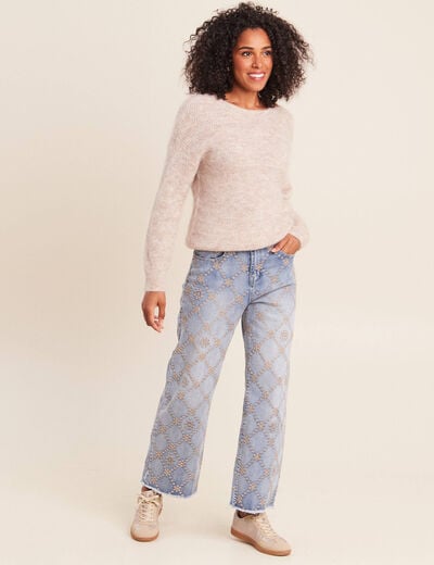 Jean taille haute avec broderie blanc femme
