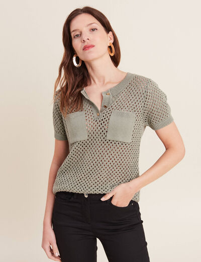 Pull manches courtes ajouré vert clair femme