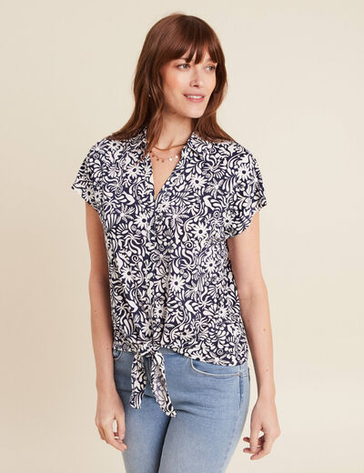 Blouse manches courtes nouée bleu femme