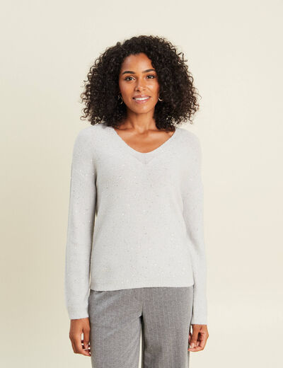 Pull col v manches longues &agrave; sequins gris clair femme
