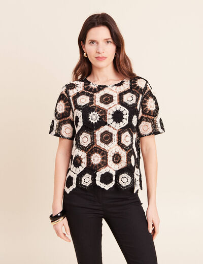 Blouse col rond manches courtes dentelle ecru femme