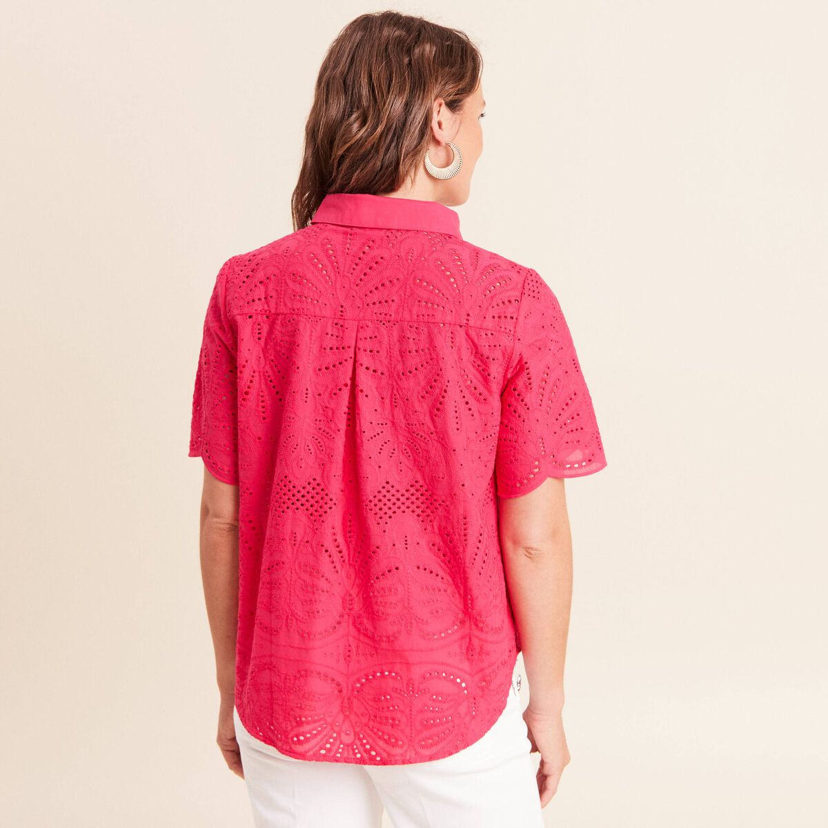 Chemise manches courtes brod&eacute;e rose fushia femme