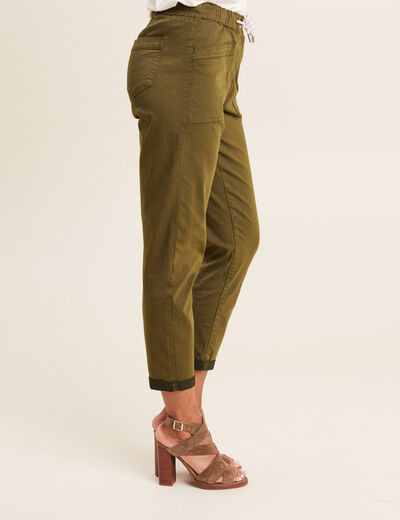 Pantalon coupe droite à coulisse vert olive femme