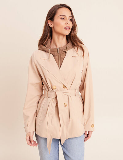Trench cintr&eacute; court &agrave; capuche doubl&eacute; beige femme