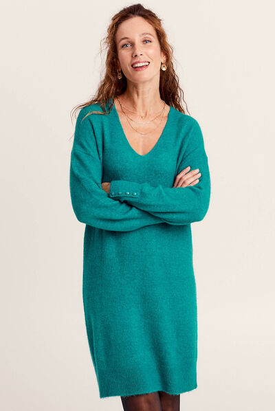 Robe pull droite col en V vert canard femme