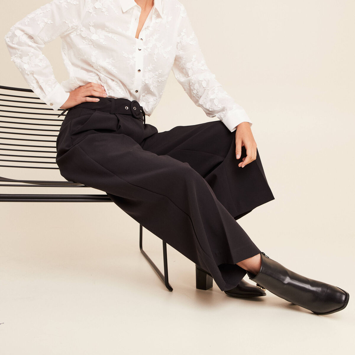 Pantalon droit 7/8&egrave;me taille haute noir femme