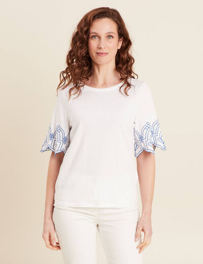 T-shirt manches courtes brodé blanc femme